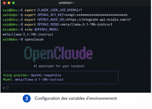 Configuration des variables environnement NVIDIA API pour OpenClaude