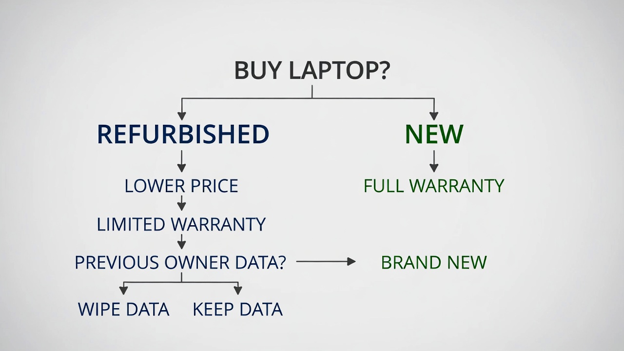 Decision flowchart comparing refurbished and new laptop choices