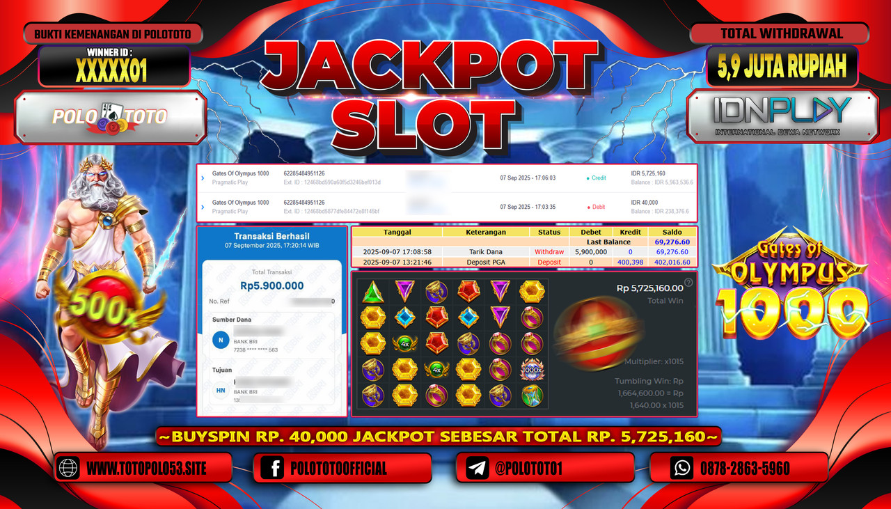 POLOTOTO JACKPOT SLOT GATES OF OLYMPUS 1000 Rp.5.900.000,-LUNAS
