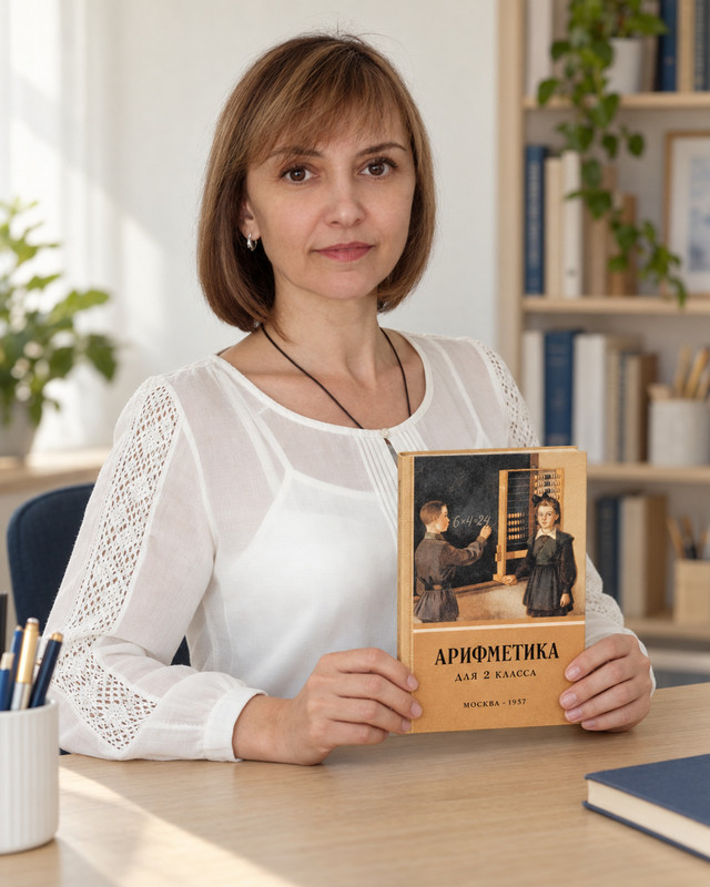 Алена Ивановна Диделева с учебником «Арифметика для 2 класса», 1957