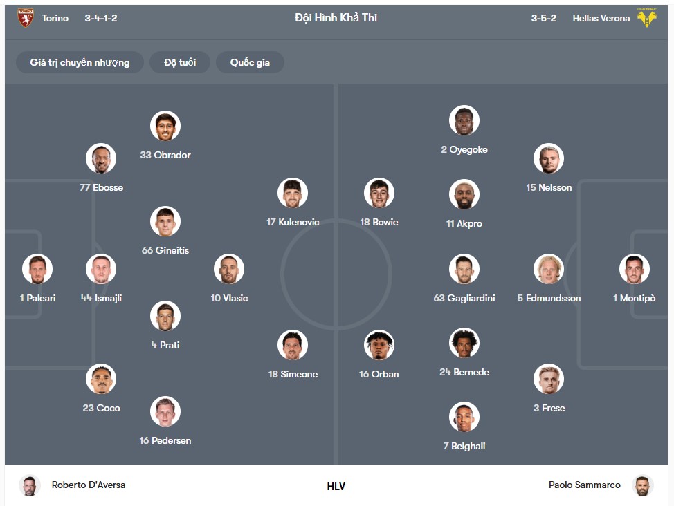 doi hinh Torino vs Hellas Verona