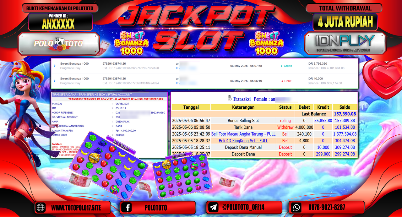 POLOTOTO JACKPOT SLOT SWEET BONANZA 1000 Rp.4.000.000,-