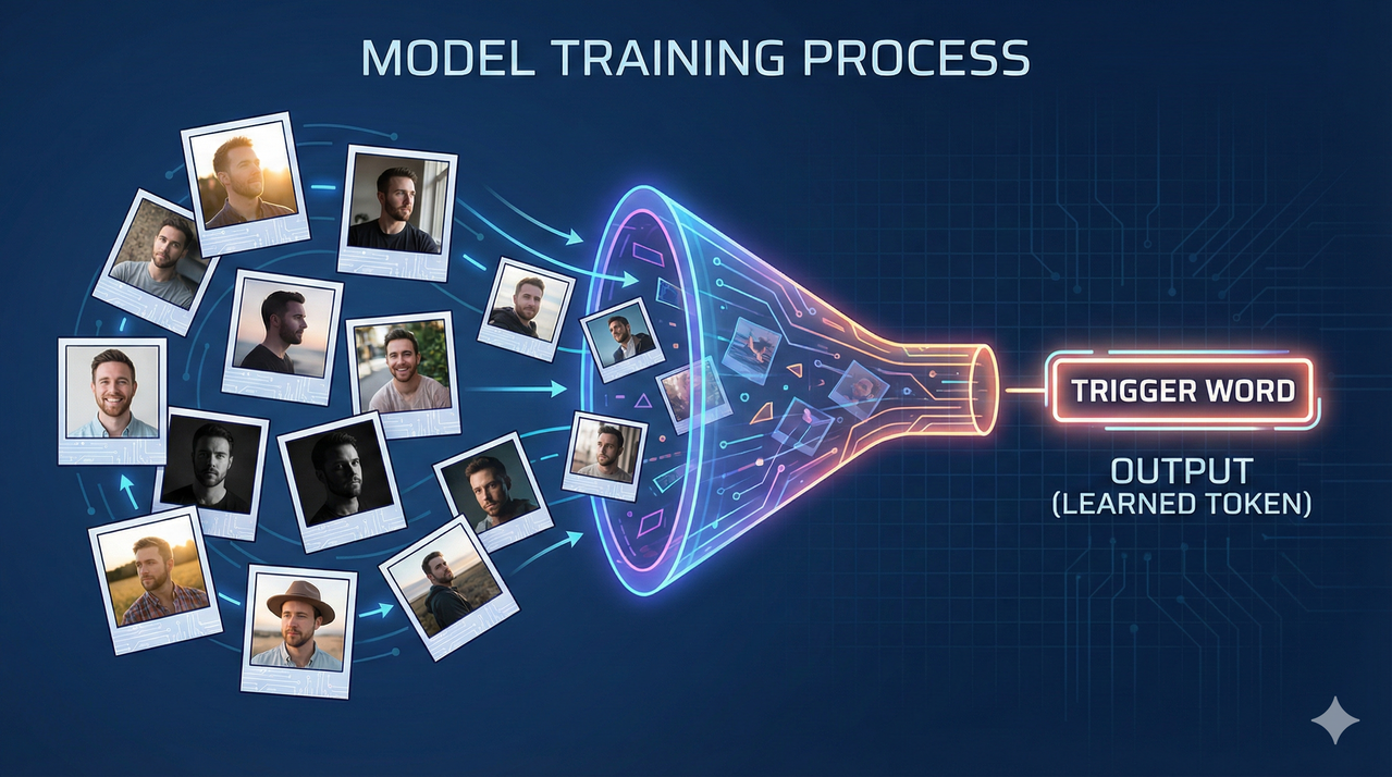 Illustration of AI model training process using varied selfies to create a trigger word