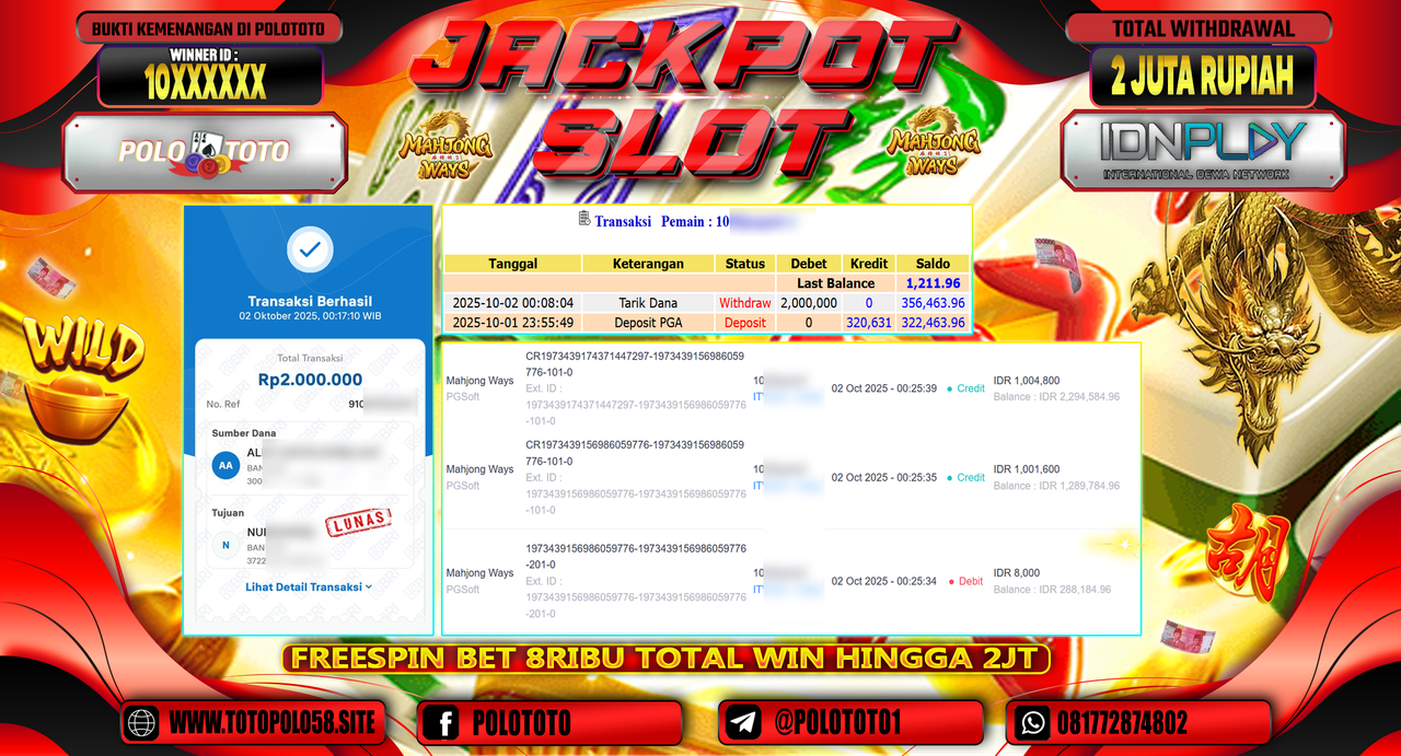 POLOTOTO JACKPOT SLOT MAHJONG WAYS Rp.2.000.000,- LUNAS