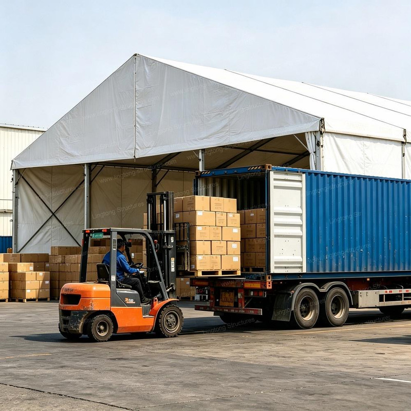 Lingtong 10m-50m clear span aluminum industrial tent used as temporary warehouse for large machinery and cargo storage, featuring heavy-duty PVC cover and modular frame