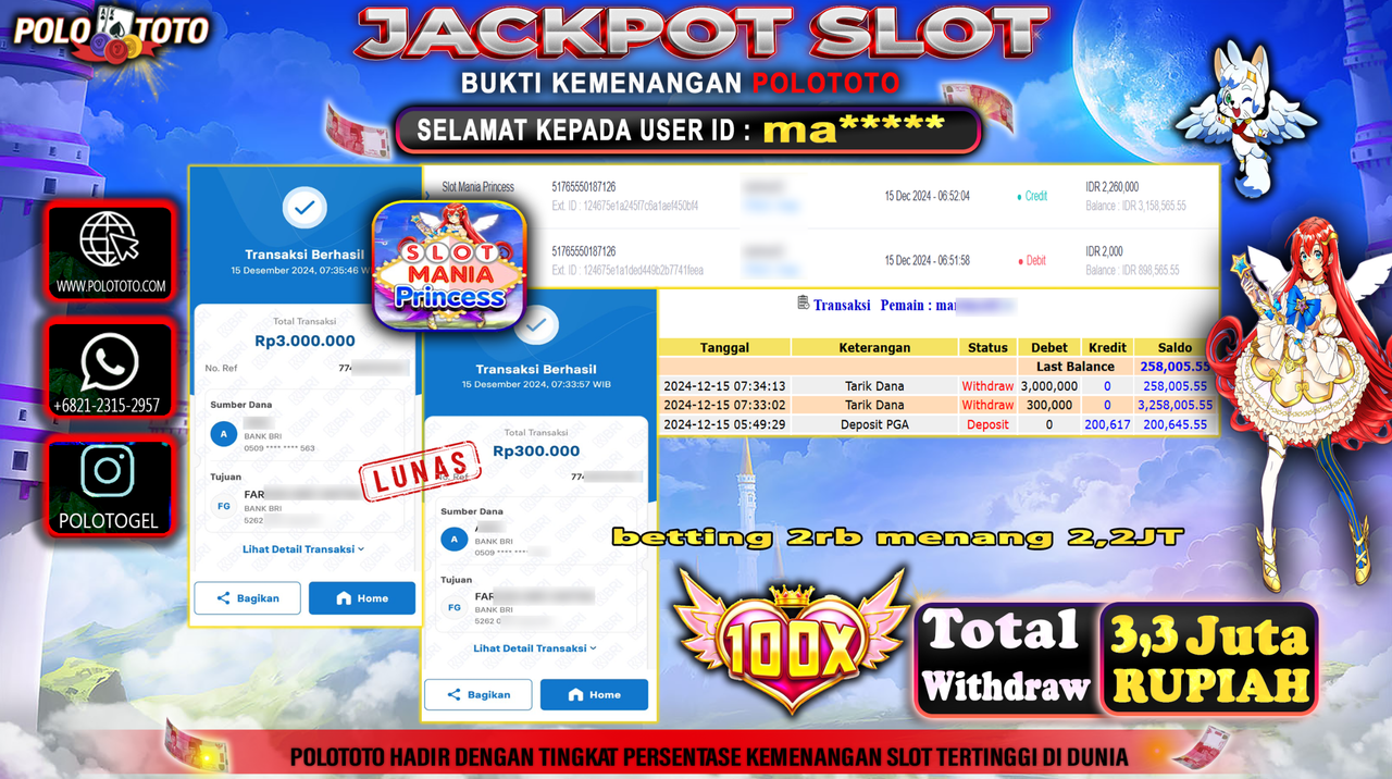 POLOTOTO JACKPOT SLOT MANIA PRINCESS Rp.3,300.000,-