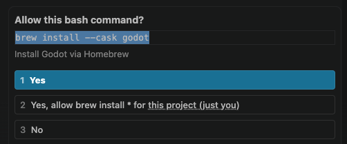 授權提示的特寫，AI 準備執行 brew install --cask godot，等待我按下允許