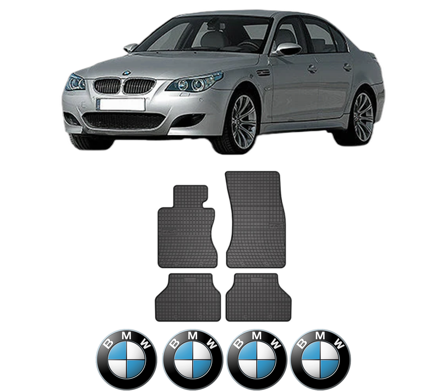 Set covorase presuri BMW Seria 5 (E60) din 2001-2010, auto, din cauciuc thermoplastic, 4 Stickere auto cu BMW Seria