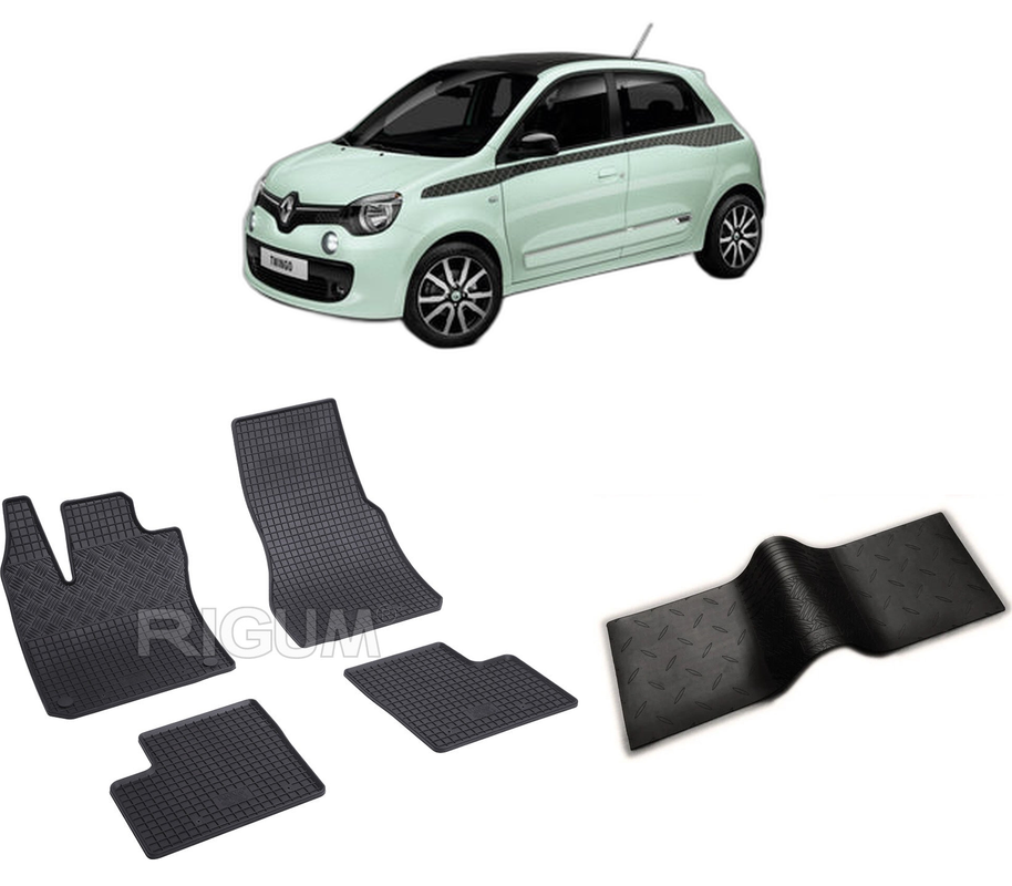 Set covorase auto RENAULT TWINGO III din 08.2014-PREZENT, cu covoras tunel median, CAROSERIE HATCHBACK, Presuri cauciuc 100%, compatibil cu autoturismul RENAULT TWINGO III, Rigum