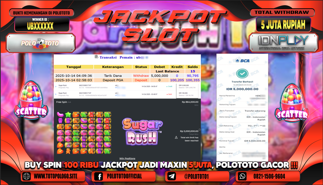 POLOTOTO JACKPOT SLOT SUGAR RUSH Rp.5.000.000,- LUNAS