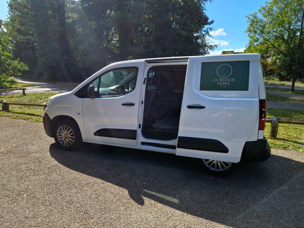 Interior of the custom-fitted dog transport van with secured metal crates.