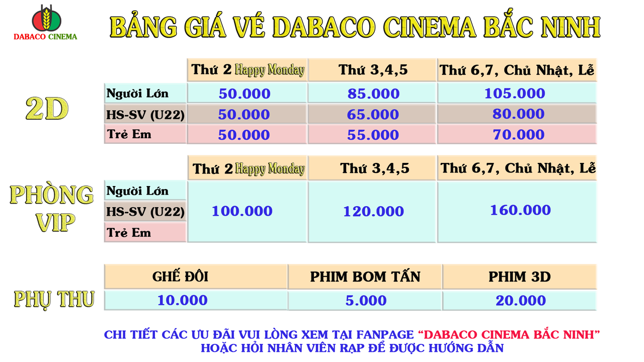 Giá vé rạp phim Dabaco Cinema Lotus Central TP. Bắc Ninh