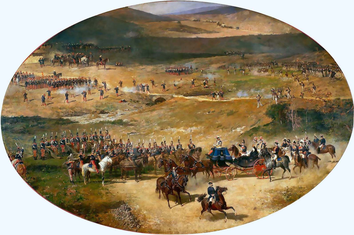 Carlista I,Madrid,La Reina María Cristina y su Hija, Isabel II, repasando las Baterías de Artillería