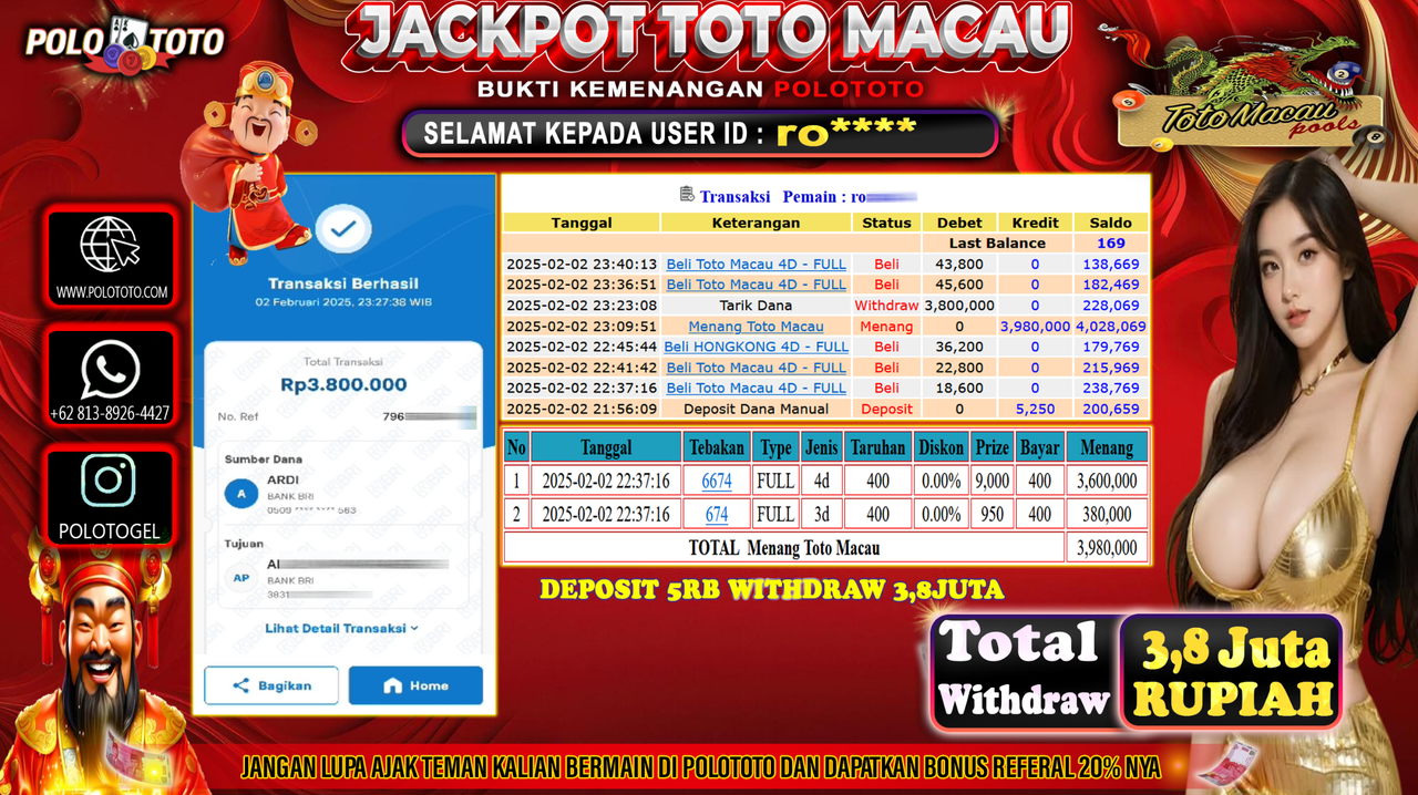 POLOTOTO JACKPOT TOGEL TOTO MACAU Rp.3,800.000,-