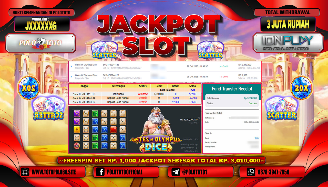 POLOTOTO JACKPOT SLOT GATES OF OLYMPUS DICE Rp.3.000.000,- LUNAS