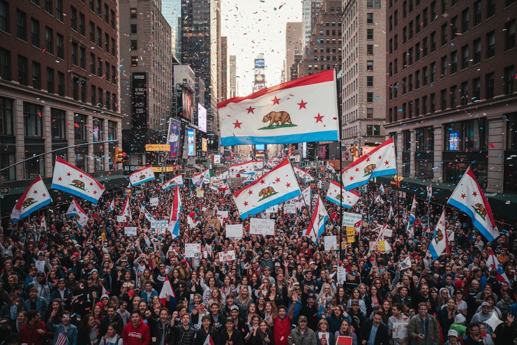 Des manifestants westaliens célèbrent la chute de la Fédération de Stérus, ennemie déclarée de la Grande République, à New Landor, le 10 mars 2018.