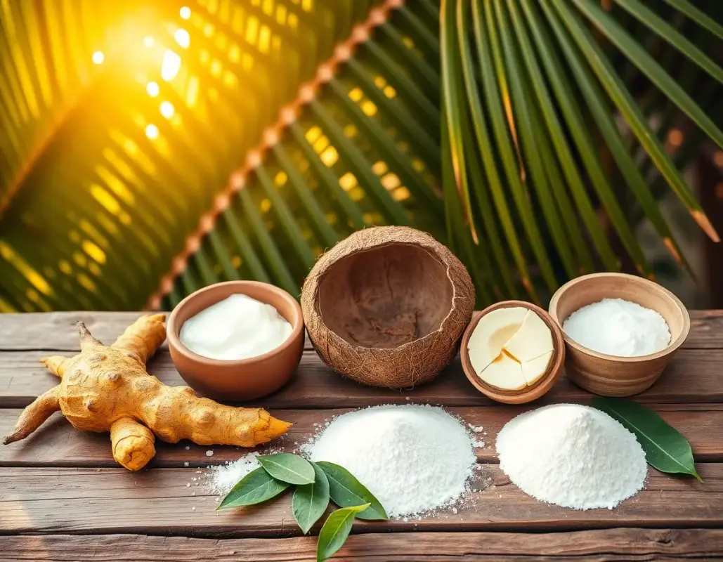 DIY Natural Sunscreen Ingredients Traditional Indian ingredients for homemade sunscreen - turmeric, coconut oil, aloe vera