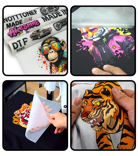 Exemplos de impressão DTF Têxtil em camisetas, mostrando vivacidade de cores e rolos de filme.