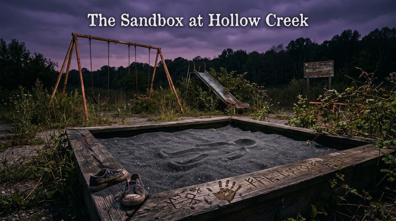 A black sandbox in an abandoned schoolyard, with child sneakers filled with sand, strange carved symbols, and a body-shaped depression, evoking a subterranean haunting.