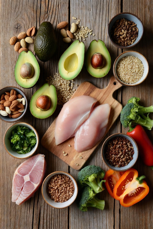 Photo of nutritious foods representing hormonal health, like avocados, nuts, and lean proteins.