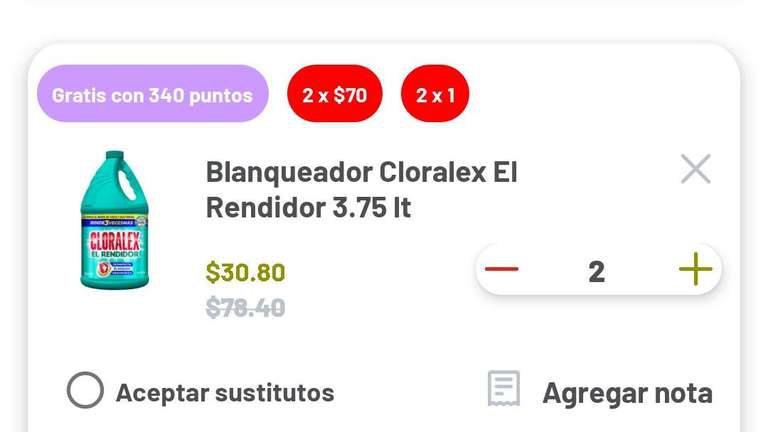 Soriana (bug): 2 Cloralex de 3.75L por $30.8 (2x1, $15.4 c/u) 
