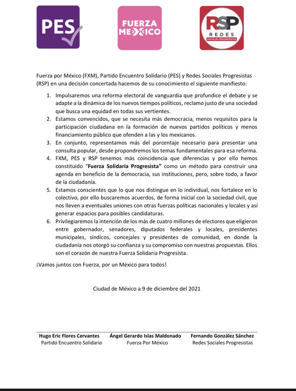 Partidos que perdieron su registro forman Fuerza Solidaria Progresista