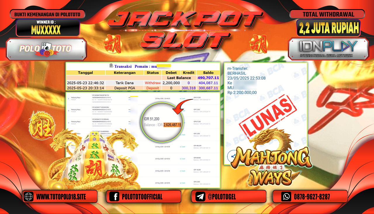 POLOTOTO JACKPOT SLOT MAHJONG WAYS Rp.2.200.000,-