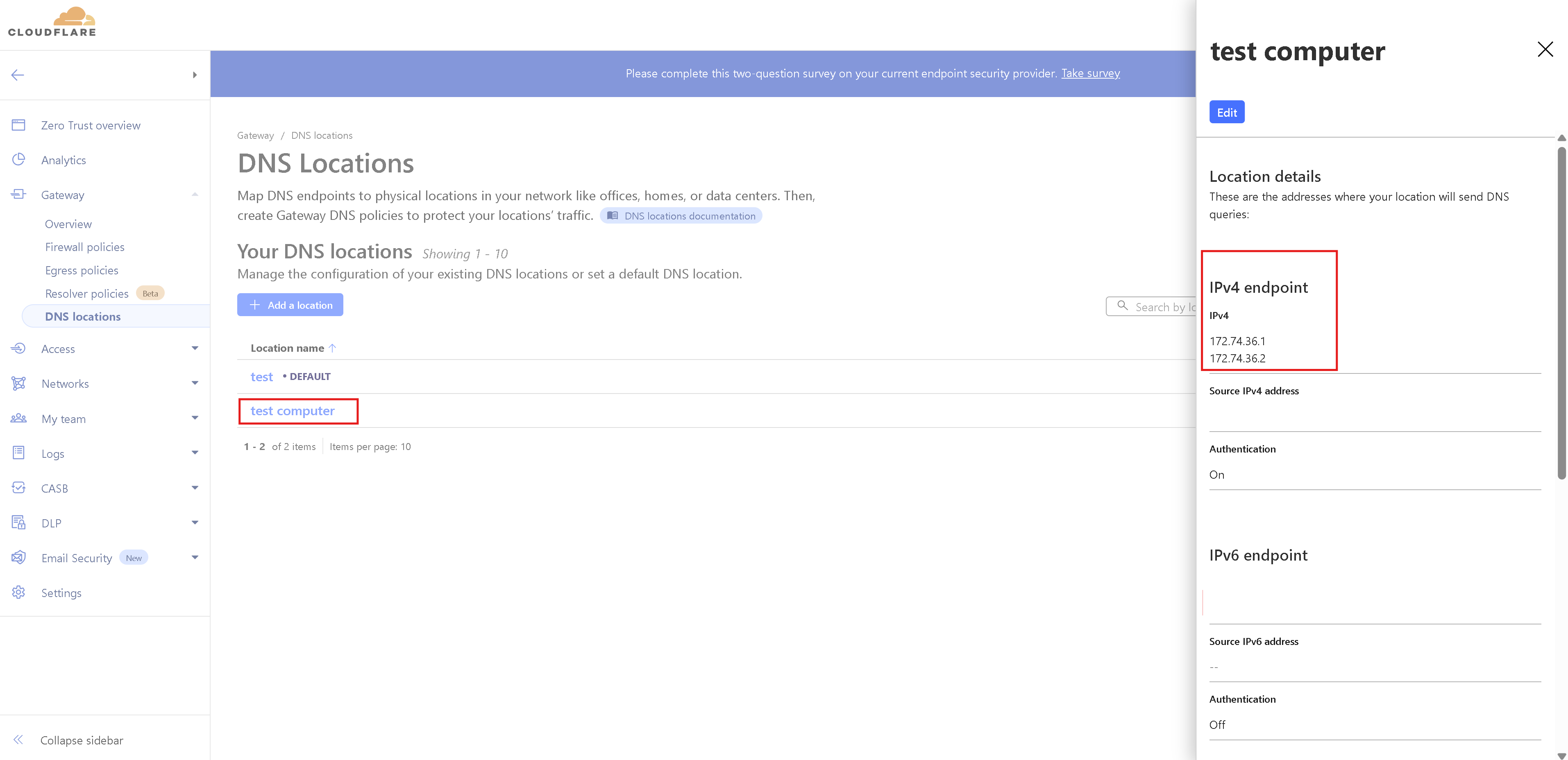 Cloudflare DNS Locations page showing the assigned IPv4 endpoint addresses for a configured location.