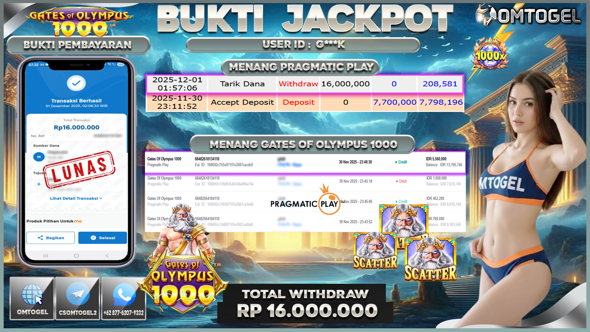 OMTOGEL JACKPOT PRAGMATIC PLAY GATES OF OLYMPUS 1000 ,16 JUTA DI BAYAR LUNAS ,-