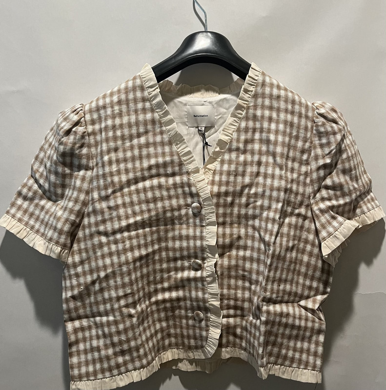 REFORMATION WOMENS BESS LINEN DUNE CHECK SHORT SLEEVE BLOUSE XL 1315368DUK0XL