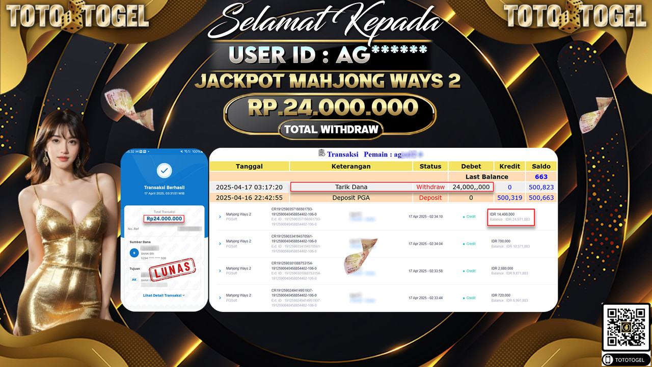 Bukti Pembayaran Jackpot  Permainan Slot Mahjong Ways 2 ID:AG****** LUNAS