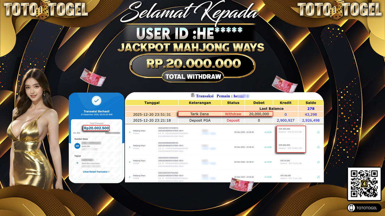 Bukti Pembayaran Jackpot Permainan Slot Mahjong Ways ID:HE**** LUNAS