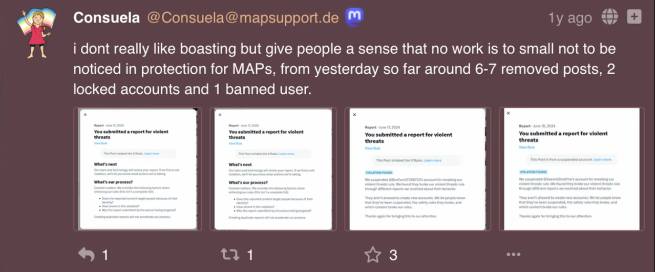 cuntsuela claiming she isnt boasting and then posting screenshots of a bunch of accounts she reported getting banned