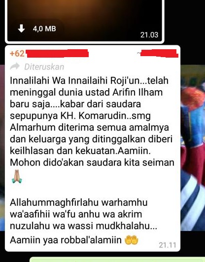 Pesan singkat yang berisi hoaks kabar meninggalnya ustaz Arifin Ilham