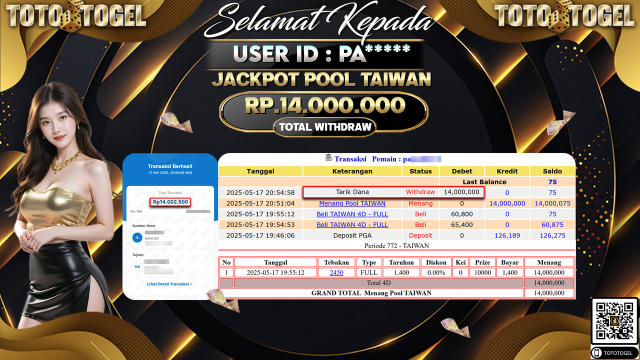 Bukti Pembayaran Jackpot Permainan Togel Pools Taiwan ID:PA***** LUNAS