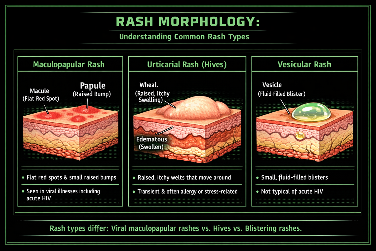 Scientific rash morphology diagram comparing maculopapular rash, urticarial rash or hives, and vesicular rash