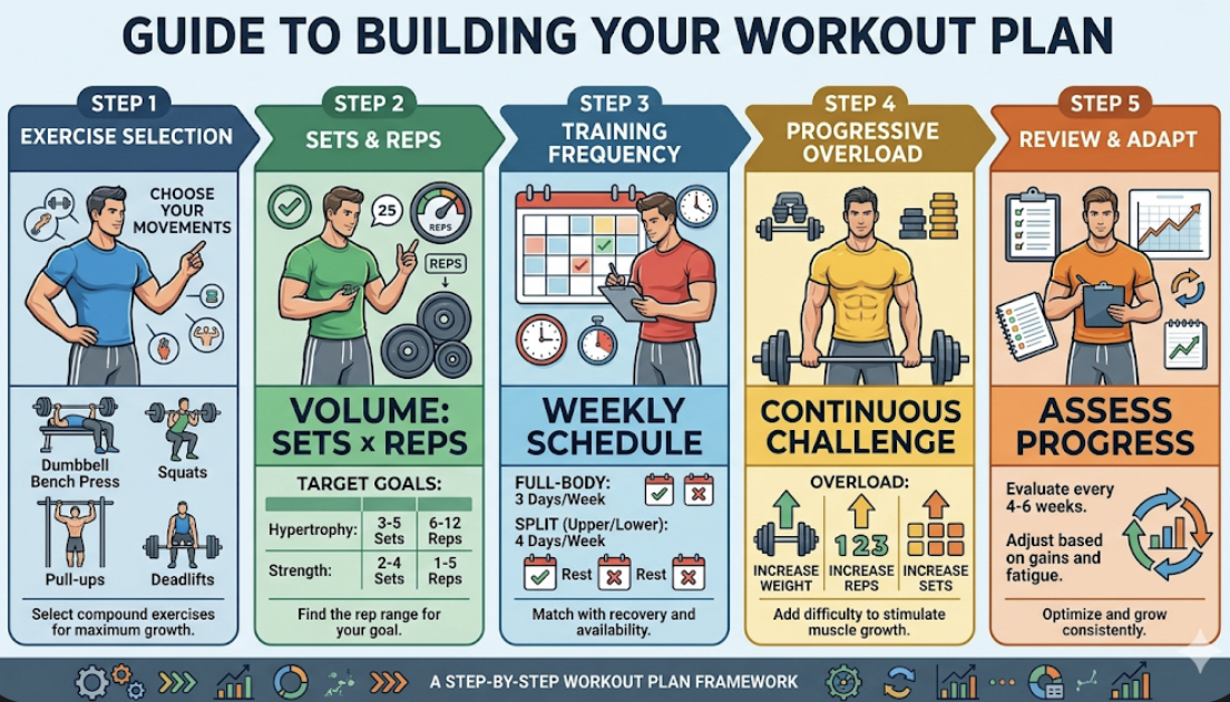 Diagram showing steps to build workout plan for muscle growth: exercises, sets, reps, frequency, progressive overload, representing beginner workout program design