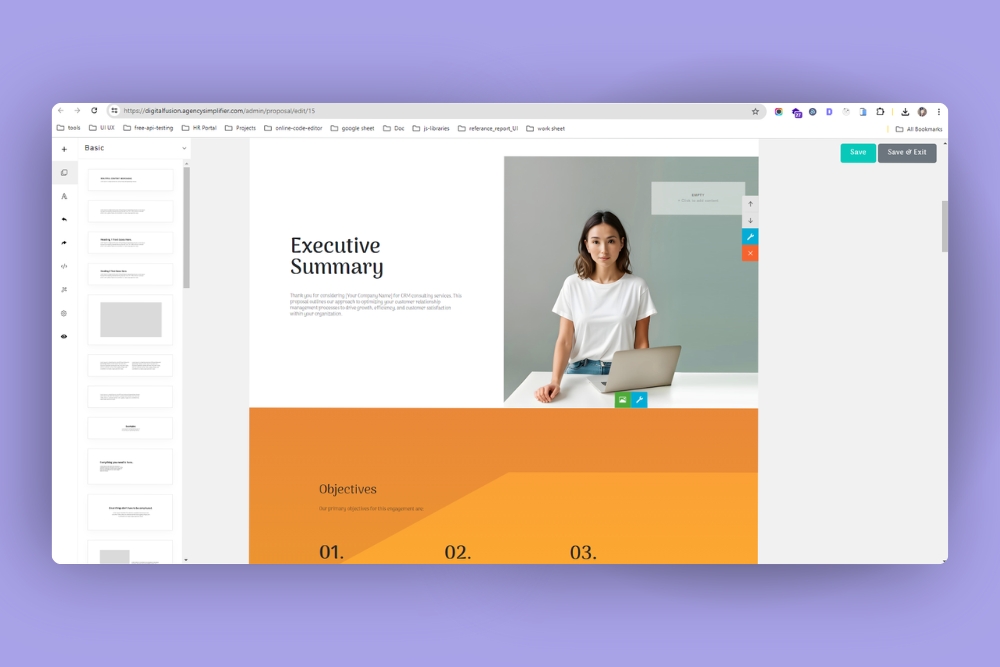 Proposal editor interface showing an executive summary and a woman with a laptop