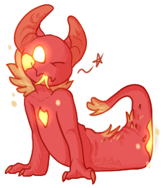 A red Lumi hatchling, standing on their paws and mid naga tail. They stick their tongue out and wink at the camera (emoting a little star)
