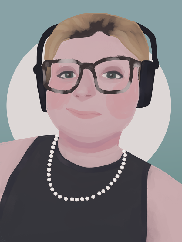 illustrated portrait of a person with pale skin, blonde hair with visible roots, wearing headphones and a black tank top with a pearl necklace
