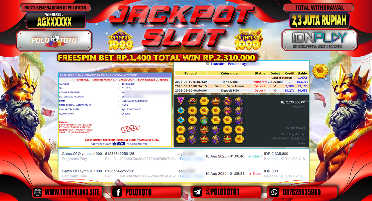 POLOTOTO JACKPOT SLOT GATES OF OLYMPUS 1000 Rp.2.300.000,-LUNAS