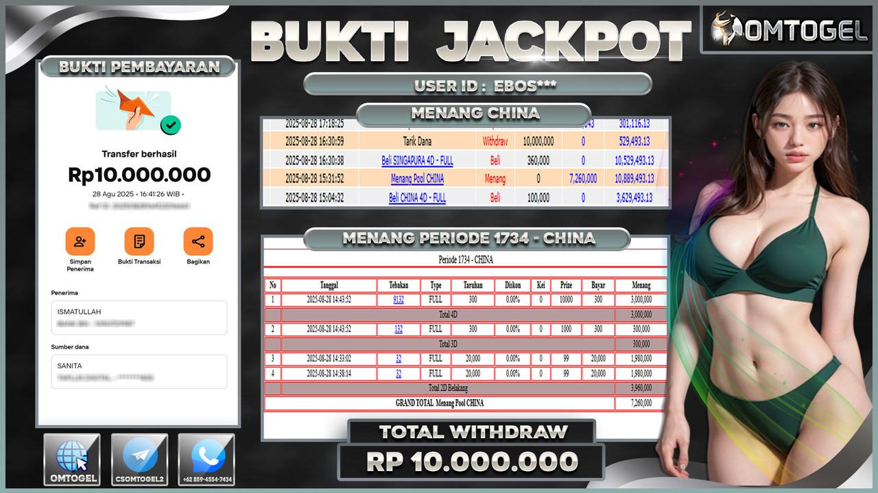 OMTOGEL JACKPOT CHINA 4D 3D 2D 10 JUTA DI BAYAR LUNAS ,-