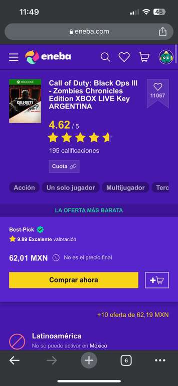 Eneba: Black ops 3 + dlc zombies Xbox key argentina 
