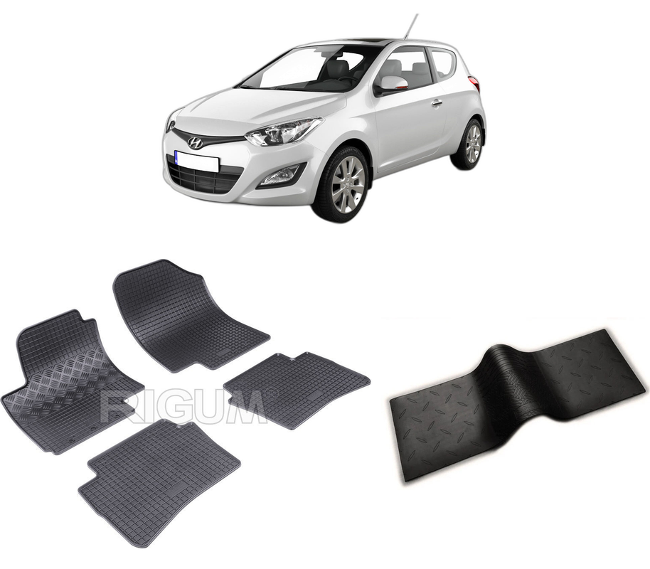 Set covorase auto HYUNDAI I20 I din 01.2009-11.2014, cu covoras tunel median, CAROSERIE HATCHBACK, Presuri cauciuc 100%, compatibil cu autoturismul HYUNDAI I20 I, Rigum