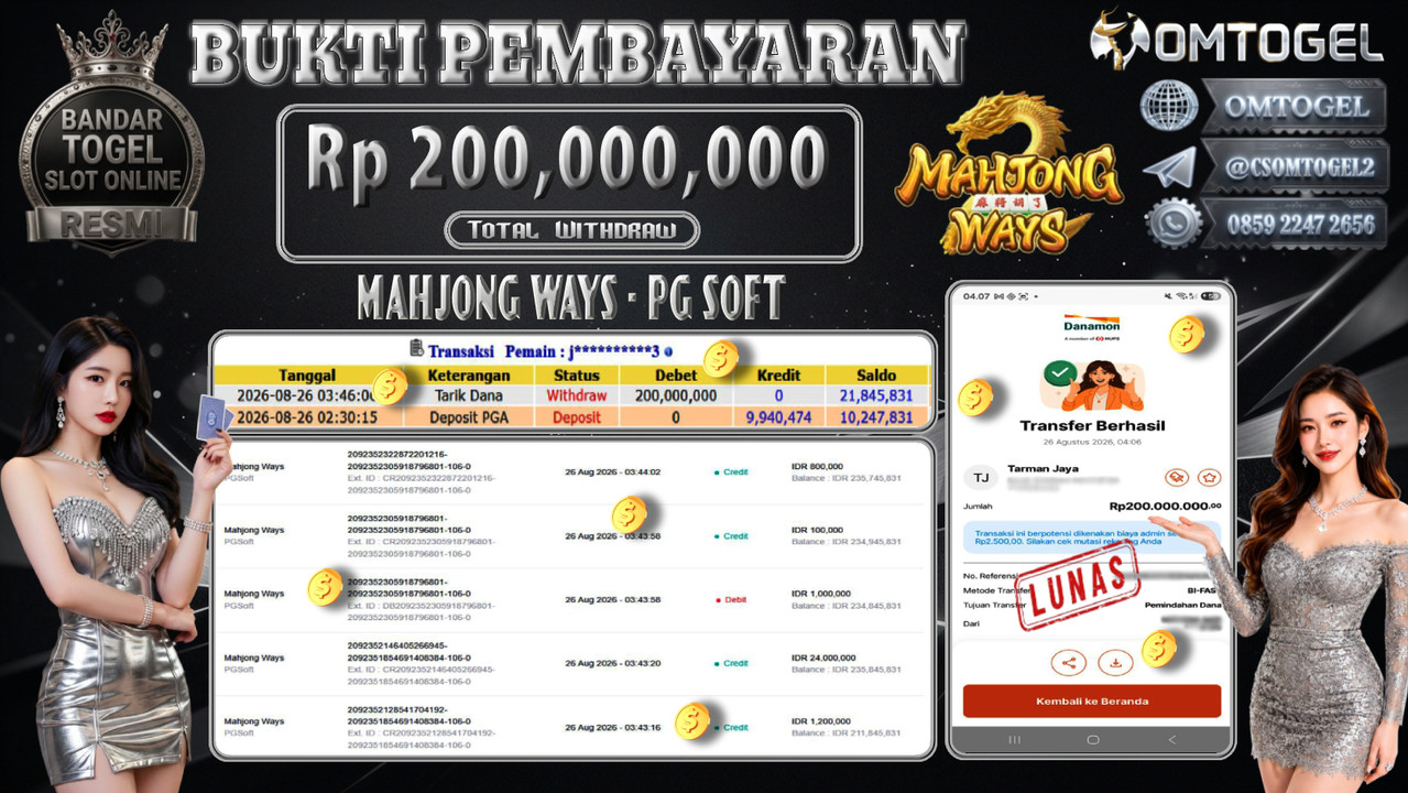 OMTOGEL JACKPOT PG SOFT MAHJONG WAYS Rp,200,000,000,- DIBAYAR LUNAS