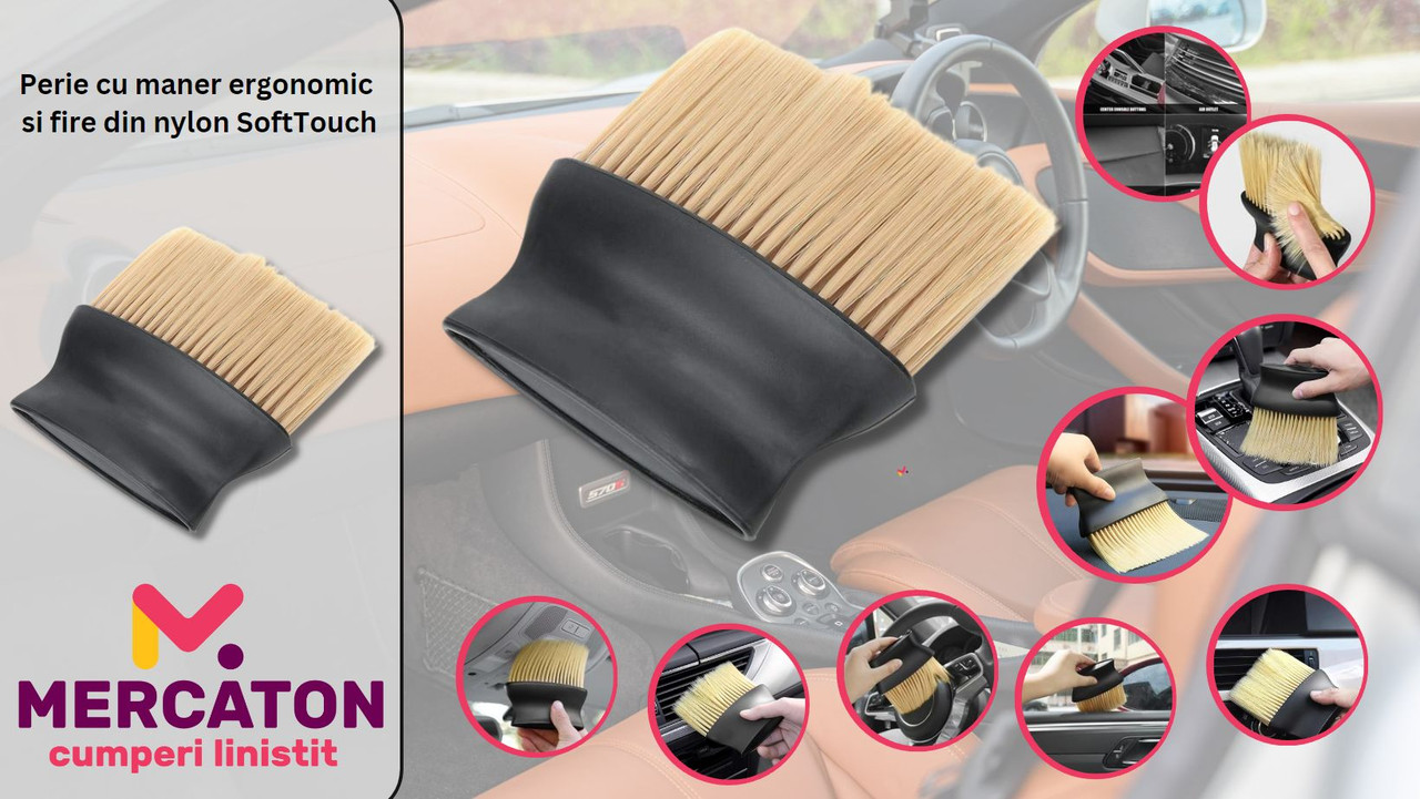 Perie cu maner ergonomic si fire din nylon SoftTouch pentru curatarea murdariei si a prafului din interiorul masinii, 13 x 11 cm - Curatenie si Ingrijire - Mercaton Store