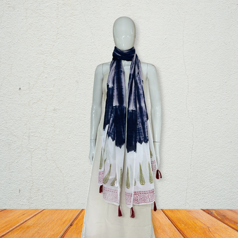 Elegance Blue white Hand Block Printed & Tie & Dye MulMul Cotton Dupatta