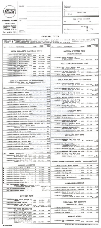 Airfix Order Form January 1970 General Toys 1