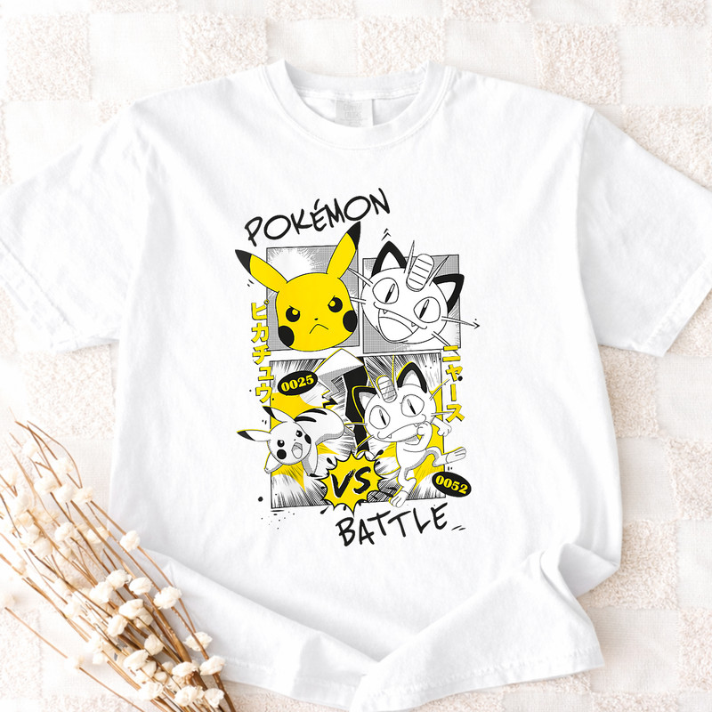 B0DHT1R8K9 Womens Pokémon Pikachu Vs Meowth Retro Panels Kanji Big Chest V Neck T Shirt White 1