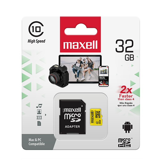 Tarjeta de memoria MicroSD Maxell de 32GB junto a su empaque y adaptador SD.